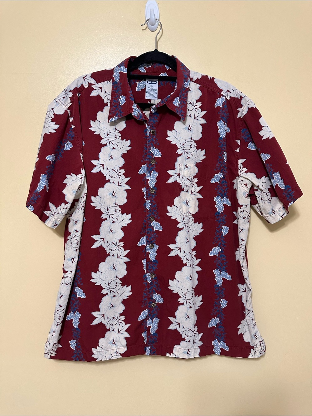 Old Navy Short Sleeve Hawaiian Button Up Shirt Men XL Floral Stripe Red